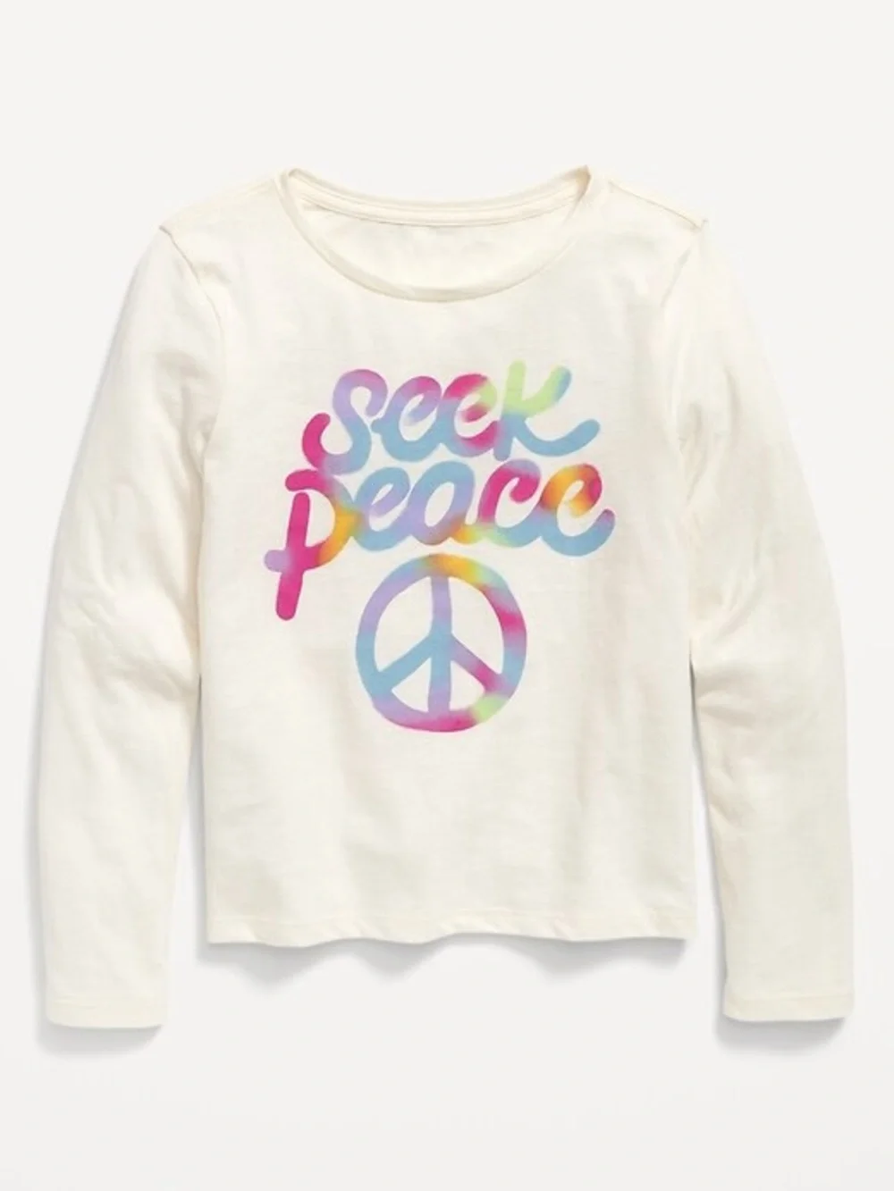 Old Navy Girls Seek Peace Graphic Long Sleeve Tee Cream Rainbow Peace Sign S 6-7